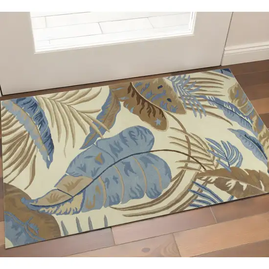 Ivory Blue And Brown Wool Tropical Botanical Hand Tufted Area Rug Photo 7