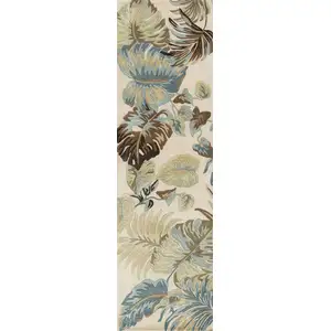 Photo of Ivory Blue Hand Tufted Tropical Leaves Indoor Runner Rug