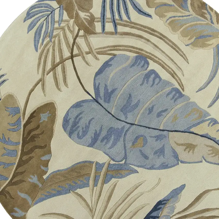 8' Ivory Blue Hand Tufted Tropical Leaves Round Indoor Area Rug Photo 4