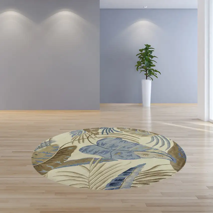 Ivory Blue Hand Tufted Tropical Leaves Round Indoor Area Rug Photo 3