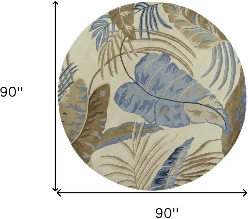 8' Ivory Blue Hand Tufted Tropical Leaves Round Indoor Area Rug Photo 6
