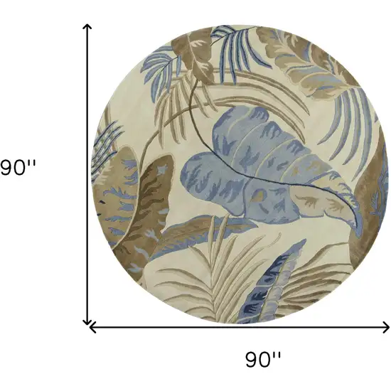 8' Ivory Blue Hand Tufted Tropical Leaves Round Indoor Area Rug Photo 6
