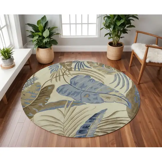8' Ivory Blue And Brown Wool Tropical Botanical Hand Tufted Round Rug Photo 1