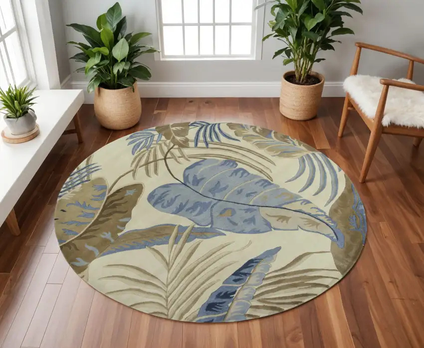 8' Ivory Blue And Brown Wool Tropical Botanical Hand Tufted Round Rug Photo 1