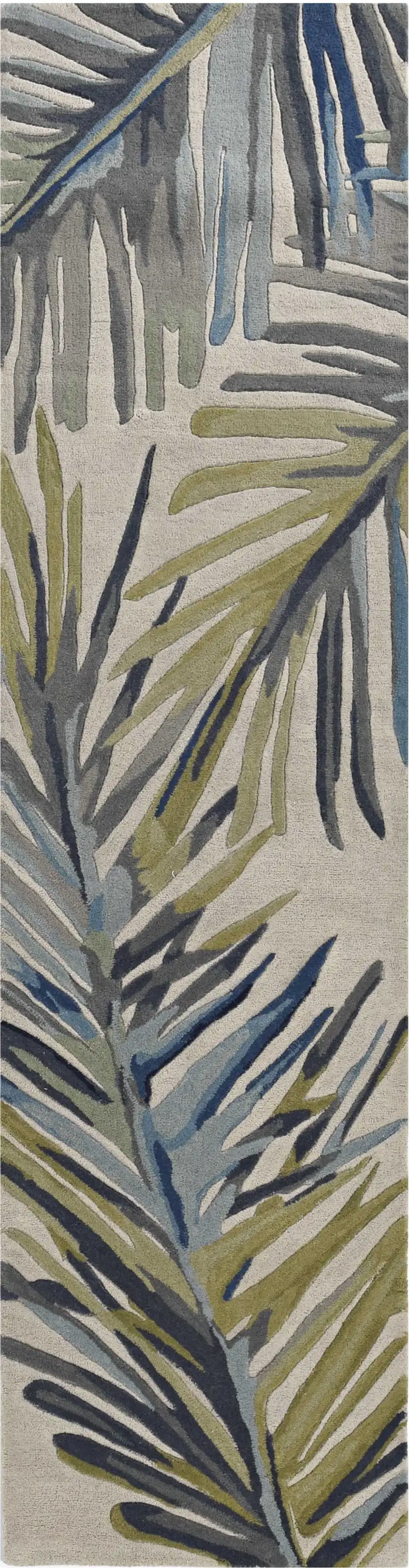 10' Ivory Blue Hand Tufted Tropical Palms Indoor Runner Rug Photo 2
