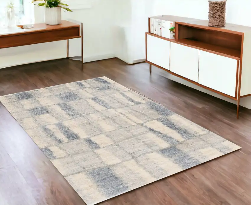 4'X6' Ivory Blue Machine Woven Abstract Blocks Indoor Area Rug Photo 1