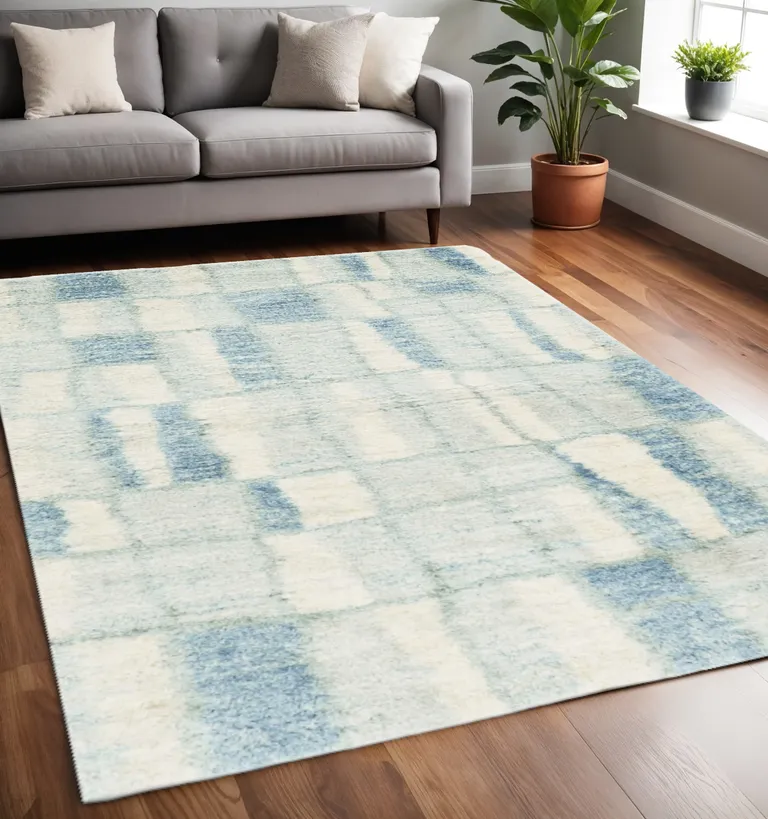 Ivory Blue Machine Woven Abstract Blocks Indoor Area Rug Photo 4
