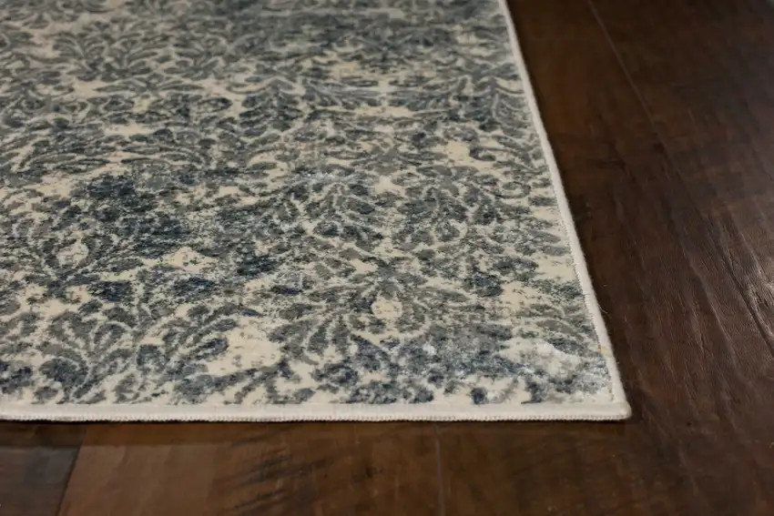 Ivory Blue Machine Woven Damask Indoor Accent Rug Photo 4