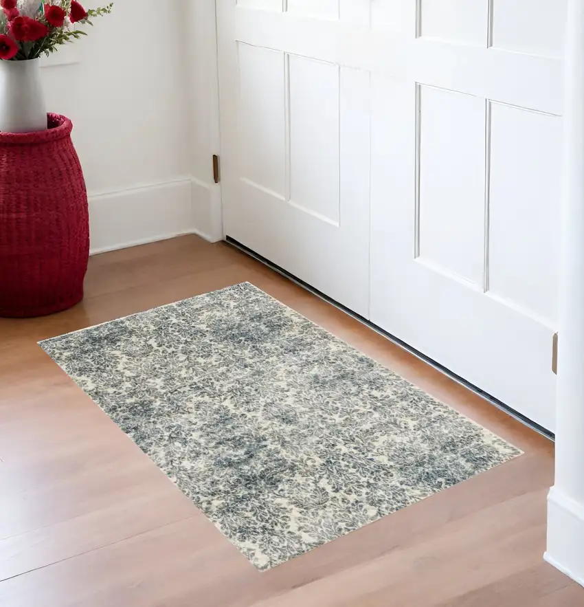2'X4' Ivory Blue Machine Woven Damask Indoor Accent Rug Photo 1