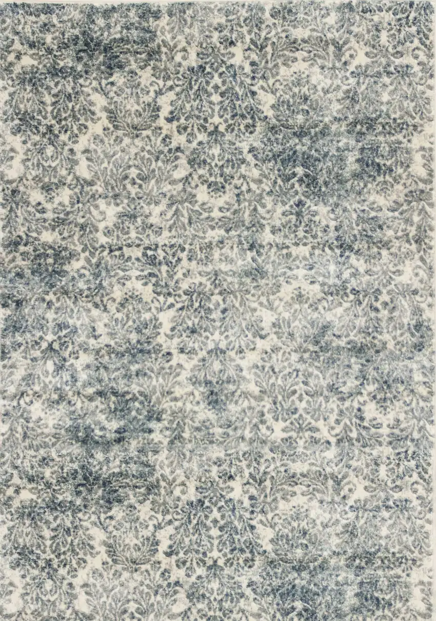 Ivory Blue Machine Woven Damask Indoor Accent Rug Photo 1