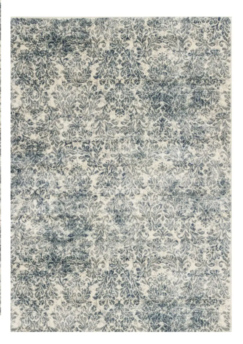 Ivory Blue Machine Woven Damask Indoor Area Rug Photo 2