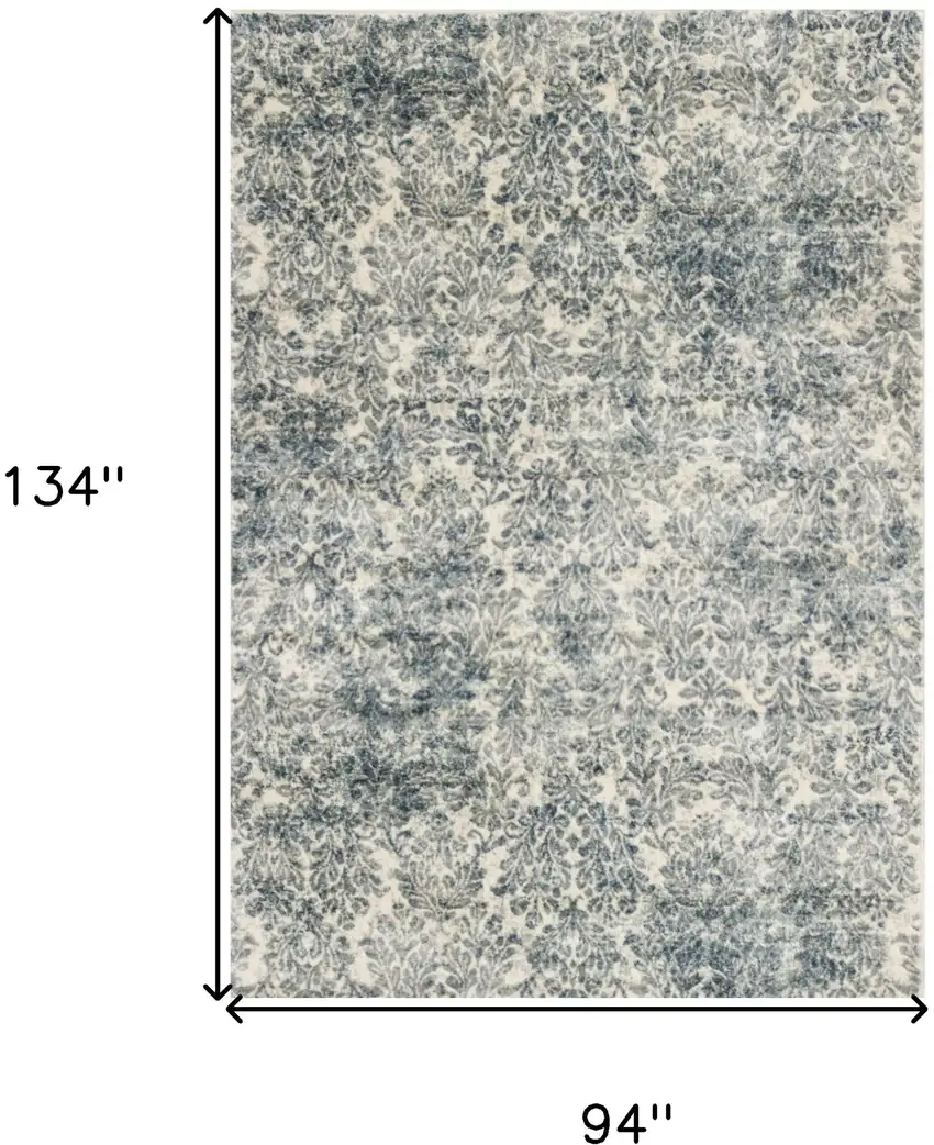 Ivory Blue Machine Woven Damask Indoor Area Rug Photo 6