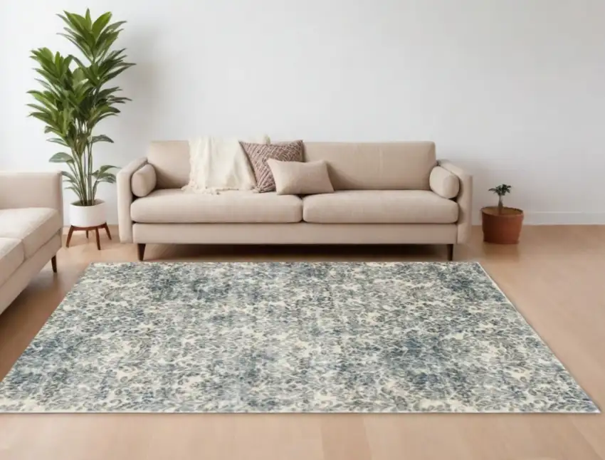 Ivory Blue Machine Woven Damask Indoor Area Rug Photo 2
