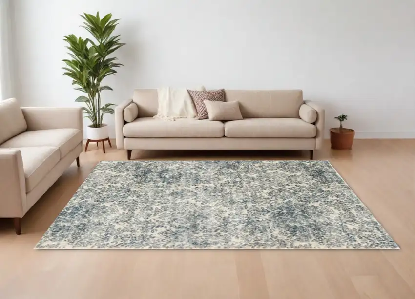 Ivory Blue Machine Woven Damask Indoor Area Rug Photo 1