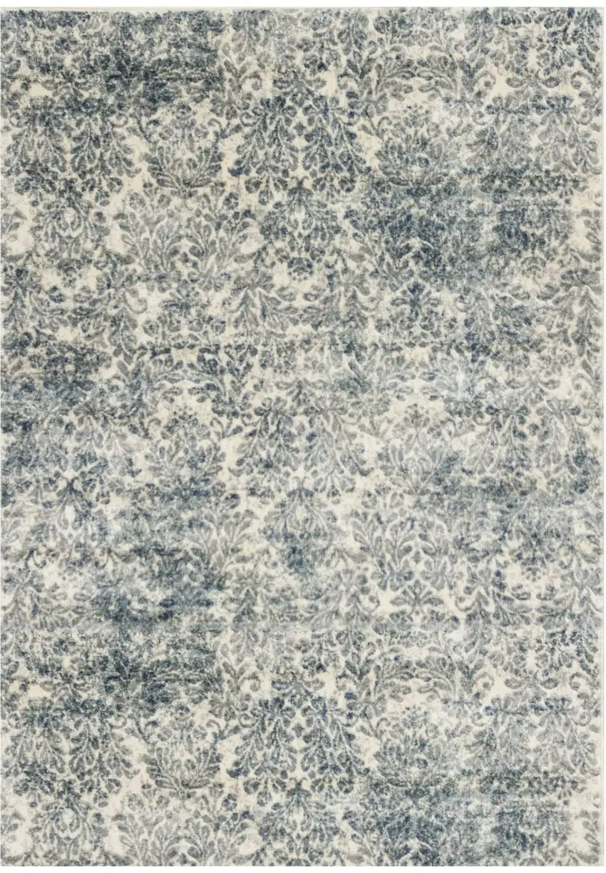 Ivory Blue Machine Woven Damask Indoor Area Rug Photo 1