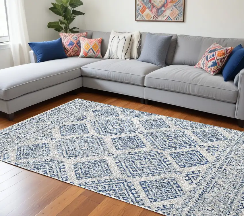 Ivory Blue Machine Woven Distressed Geometric Indoor Area Rug Photo 1
