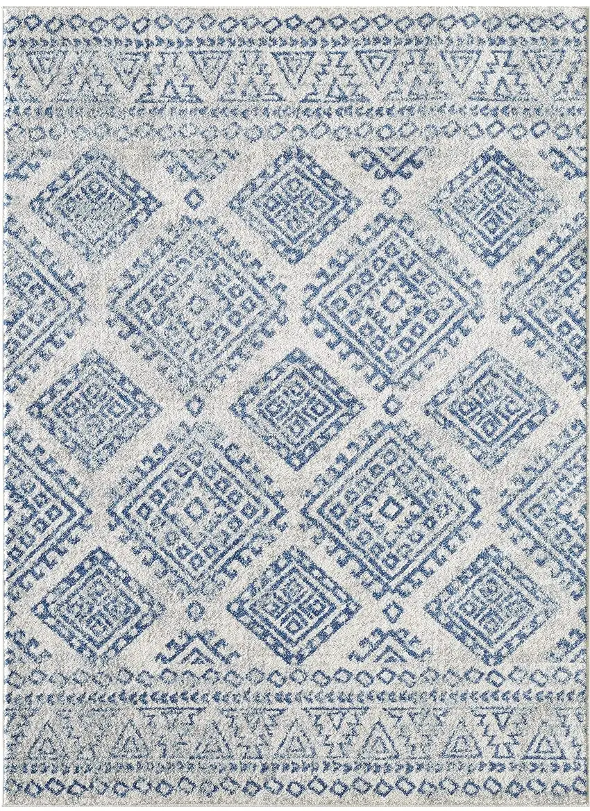 Ivory Blue Machine Woven Distressed Geometric Indoor Area Rug Photo 2