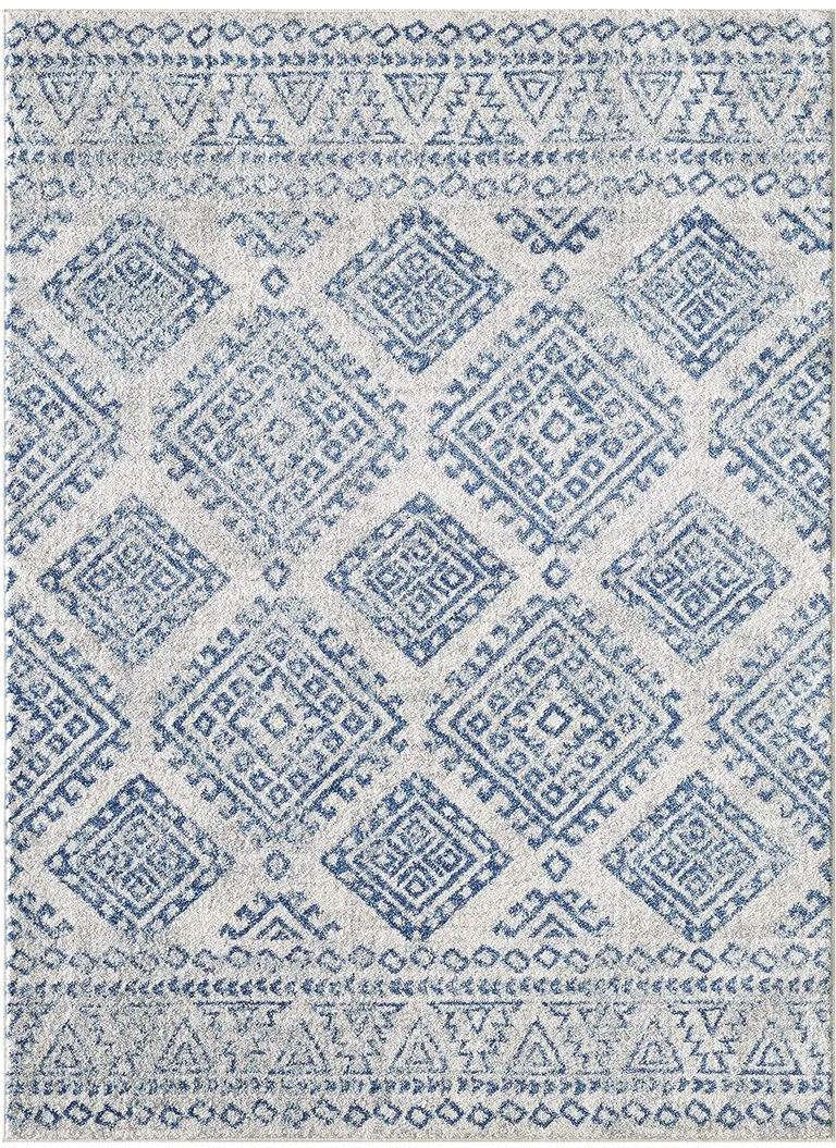 Ivory Blue Machine Woven Distressed Geometric Indoor Area Rug Photo 2
