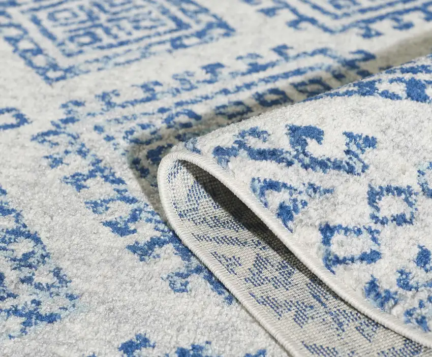 Ivory Blue Machine Woven Distressed Geometric Indoor Area Rug Photo 6