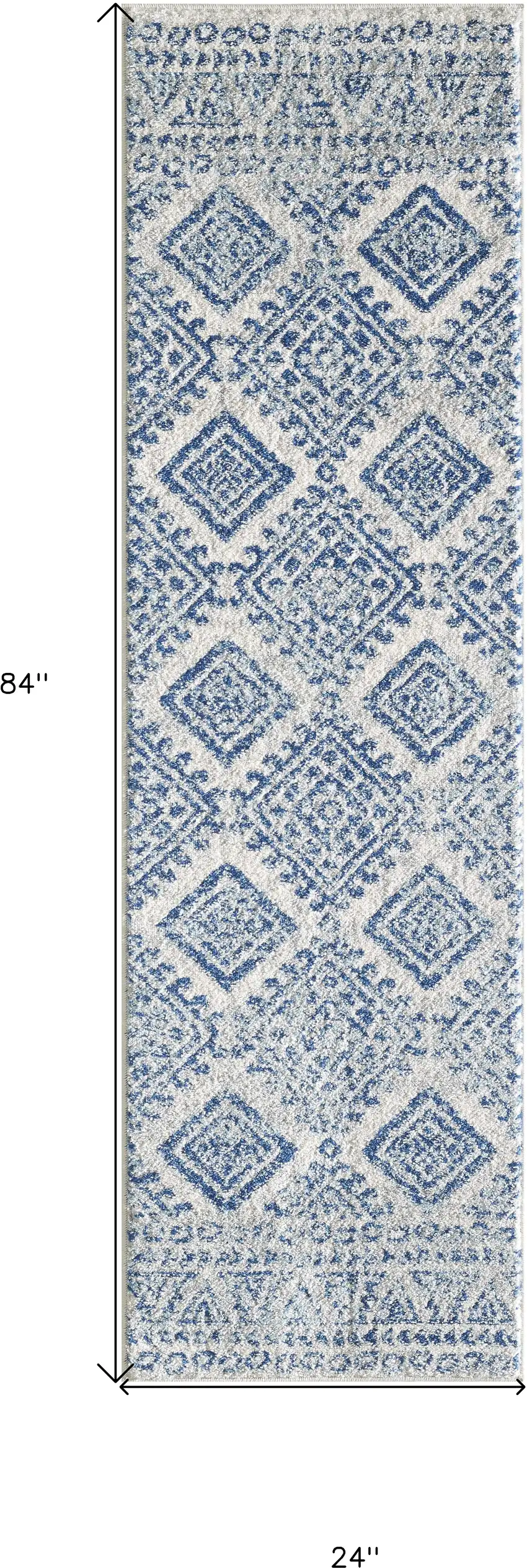 7' Ivory Blue Machine Woven Distressed Geometric Indoor Runner Rug Photo 3