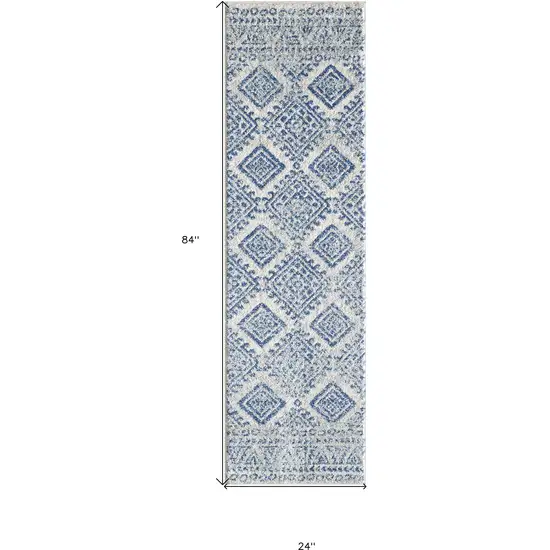 7' Ivory Blue Machine Woven Distressed Geometric Indoor Runner Rug Photo 3