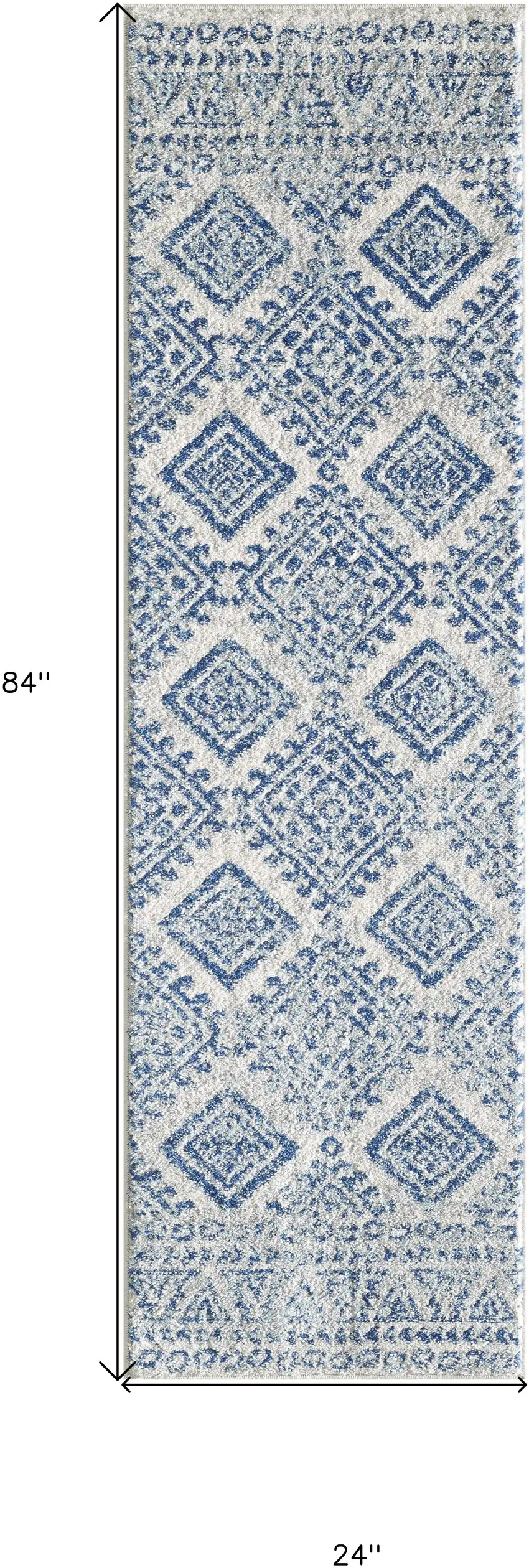 7' Ivory Blue Machine Woven Distressed Geometric Indoor Runner Rug Photo 3