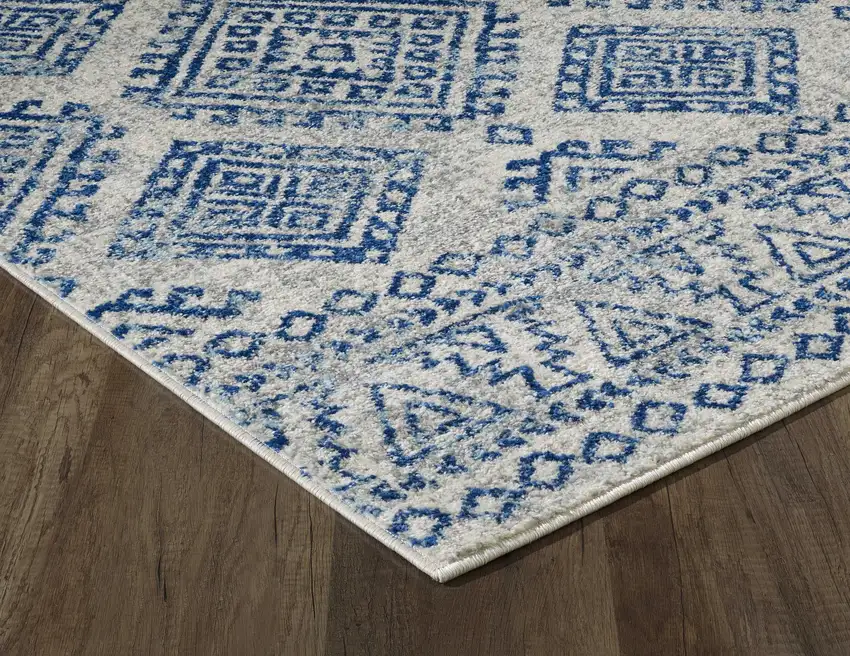 Ivory Blue Machine Woven Distressed Geometric Indoor Runner Rug Photo 1
