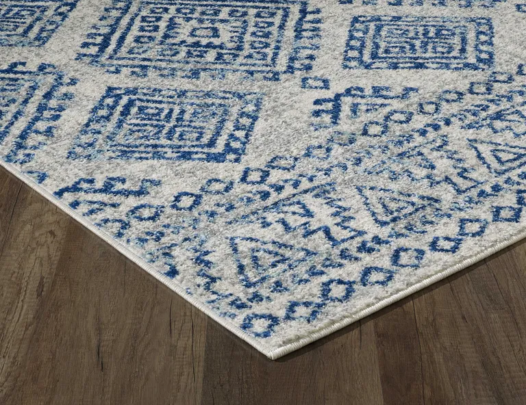 Ivory Blue Machine Woven Distressed Geometric Indoor Runner Rug Photo 1