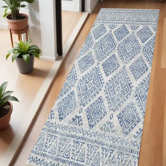 7' Ivory Blue Machine Woven Distressed Geometric Indoor Runner Rug Photo 1