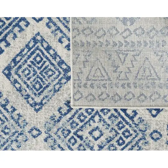Ivory Blue Machine Woven Distressed Geometric Indoor Runner Rug Photo 3