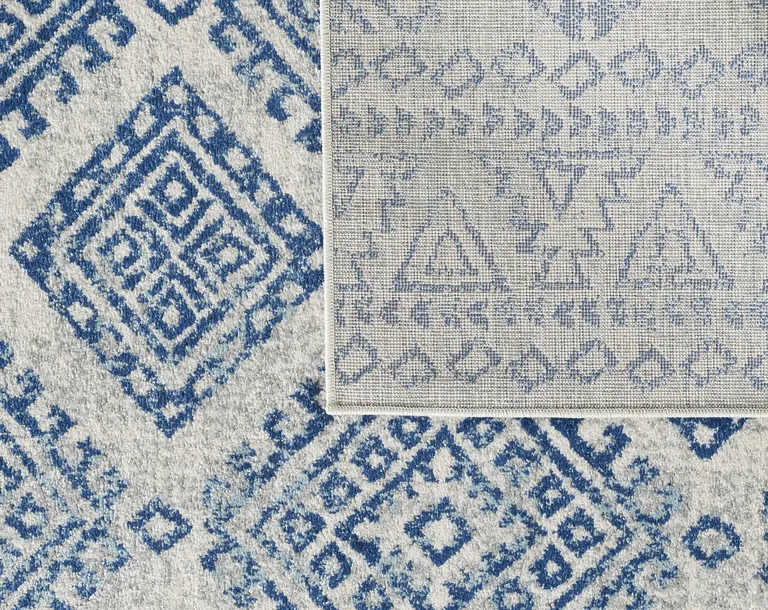 Ivory Blue Machine Woven Distressed Geometric Indoor Runner Rug Photo 3