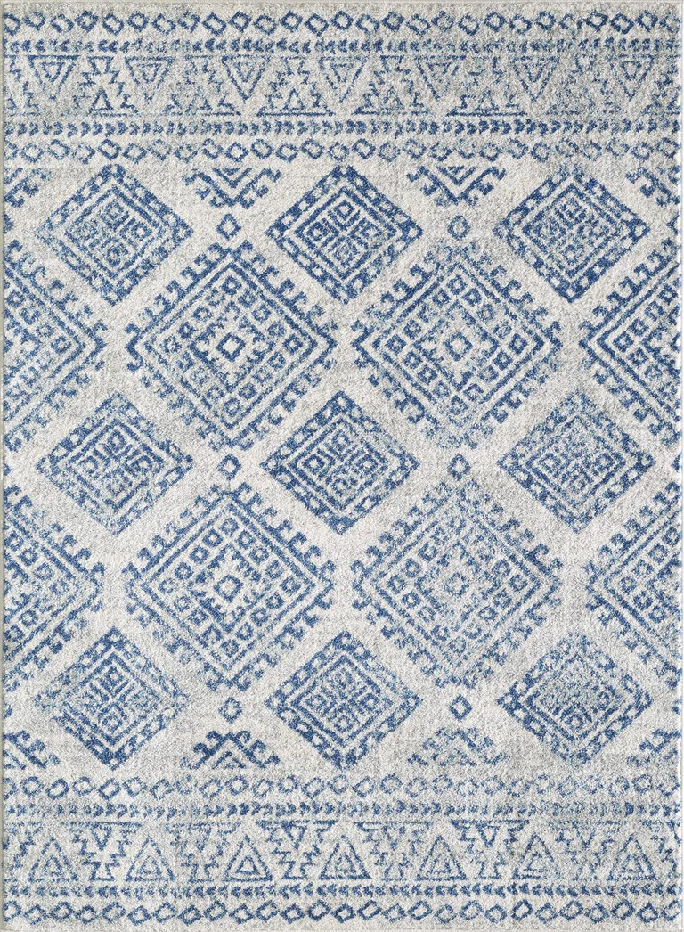 Ivory Blue Machine Woven Distressed Geometric Indoor Runner Rug Photo 2