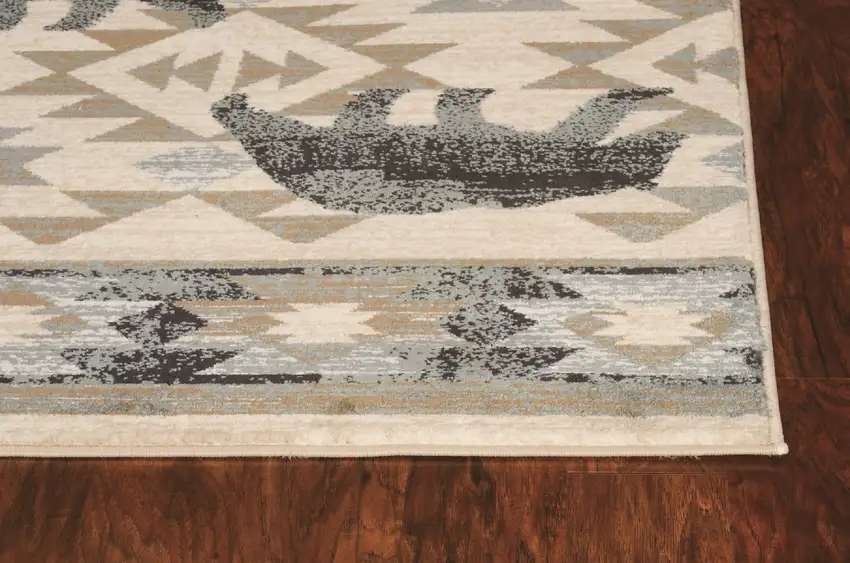 Ivory Blue Machine Woven Geometric Lodge Indoor Area Rug Photo 2