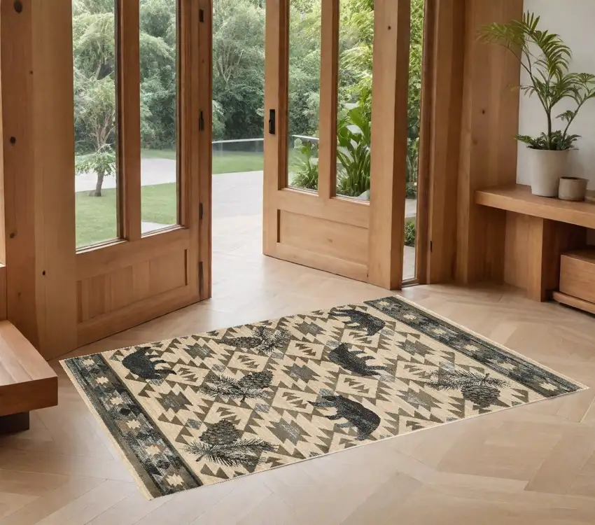 Ivory and Blue Woodland Lodge Area Rug Photo 1