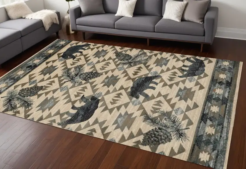 Ivory Blue Machine Woven Geometric Lodge Indoor Area Rug Photo 1