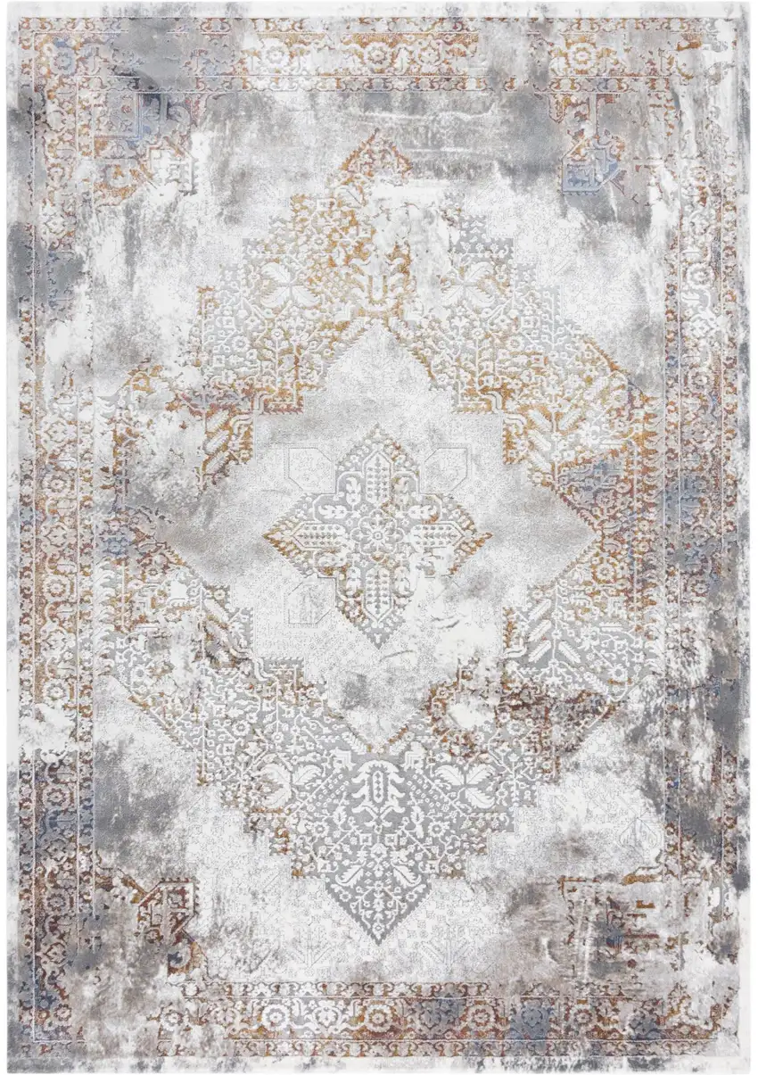 Ivory Blue Orange Red And Gray Medallion Area Rug Photo 1