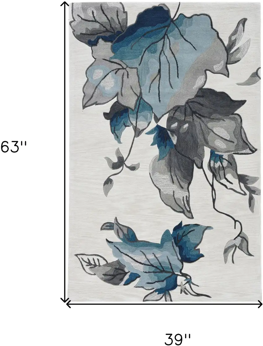 Ivory Blue Oversized Leaves Area Rug Photo 3