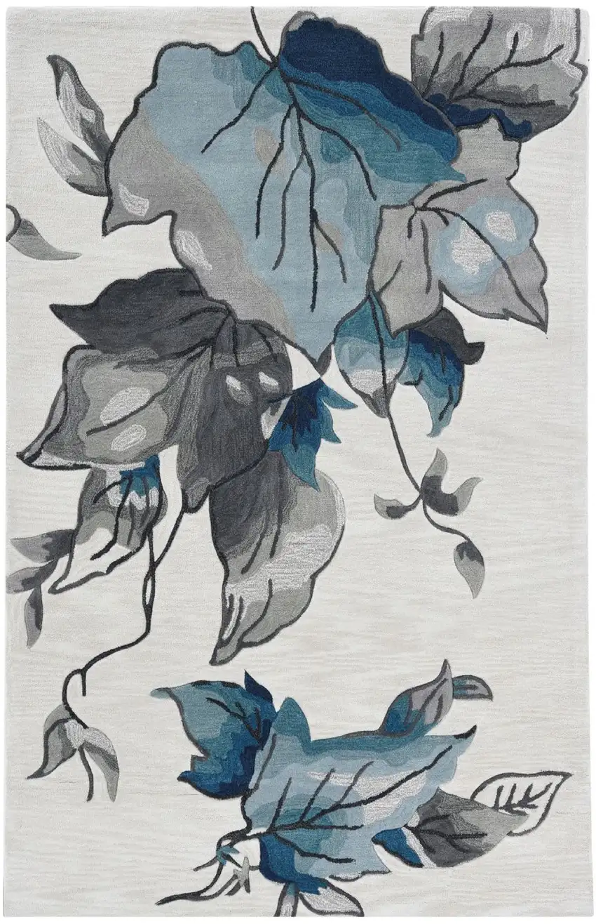 Ivory Blue Oversized Leaves Area Rug Photo 2