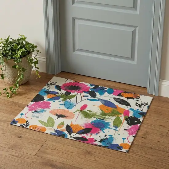 Ivory Blue Pink And Orange Floral Washable Area Rug With UV Protection Photo 1