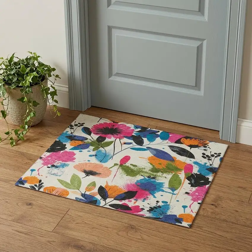 Ivory Blue Pink And Orange Floral Washable Area Rug With UV Protection Photo 1