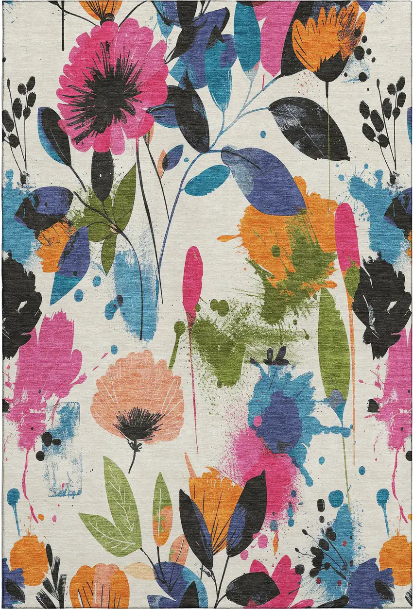 Ivory Blue Pink And Orange Floral Washable Area Rug With UV Protection Photo 1
