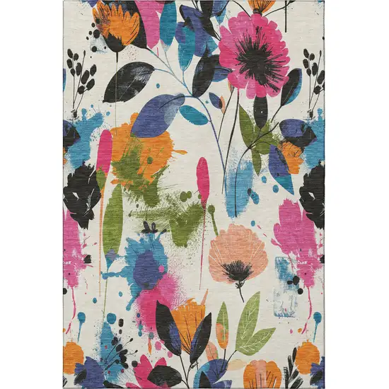 Ivory Blue Pink And Orange Floral Washable Area Rug With UV Protection Photo 3