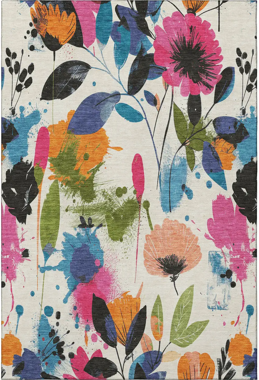 Ivory Blue Pink And Orange Floral Washable Area Rug With UV Protection Photo 3