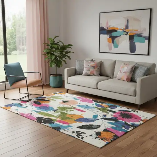 Ivory Blue Pink And Orange Floral Washable Area Rug With UV Protection Photo 2