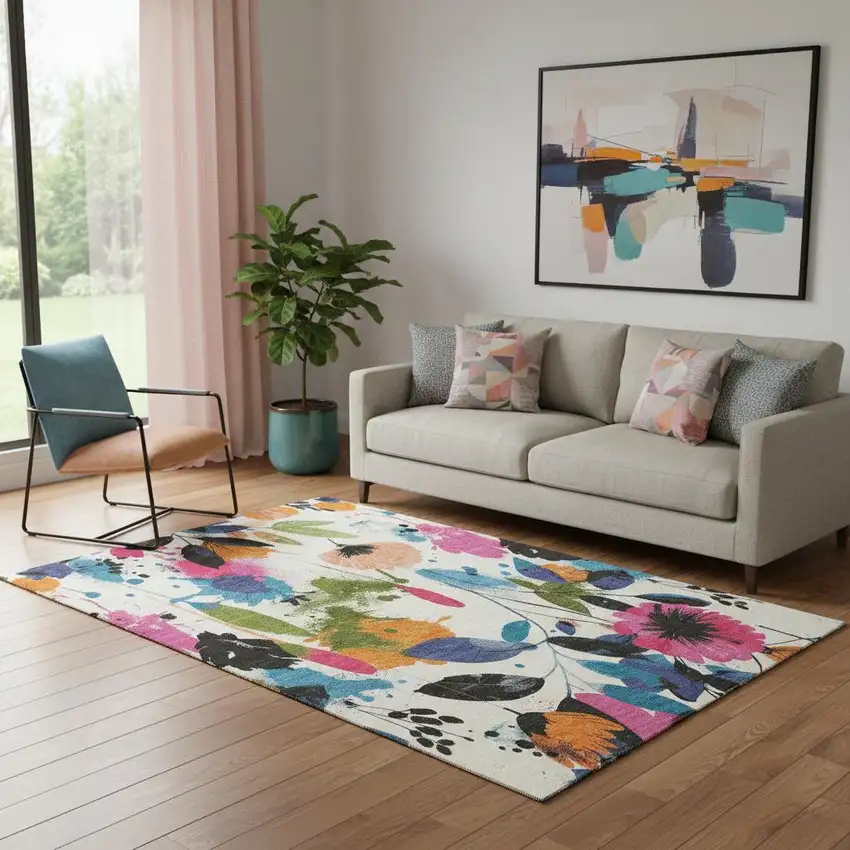 Ivory Blue Pink And Orange Floral Washable Area Rug With UV Protection Photo 2