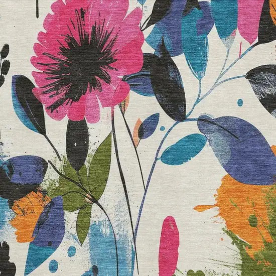 Ivory Blue Pink And Orange Floral Washable Area Rug With UV Protection Photo 2