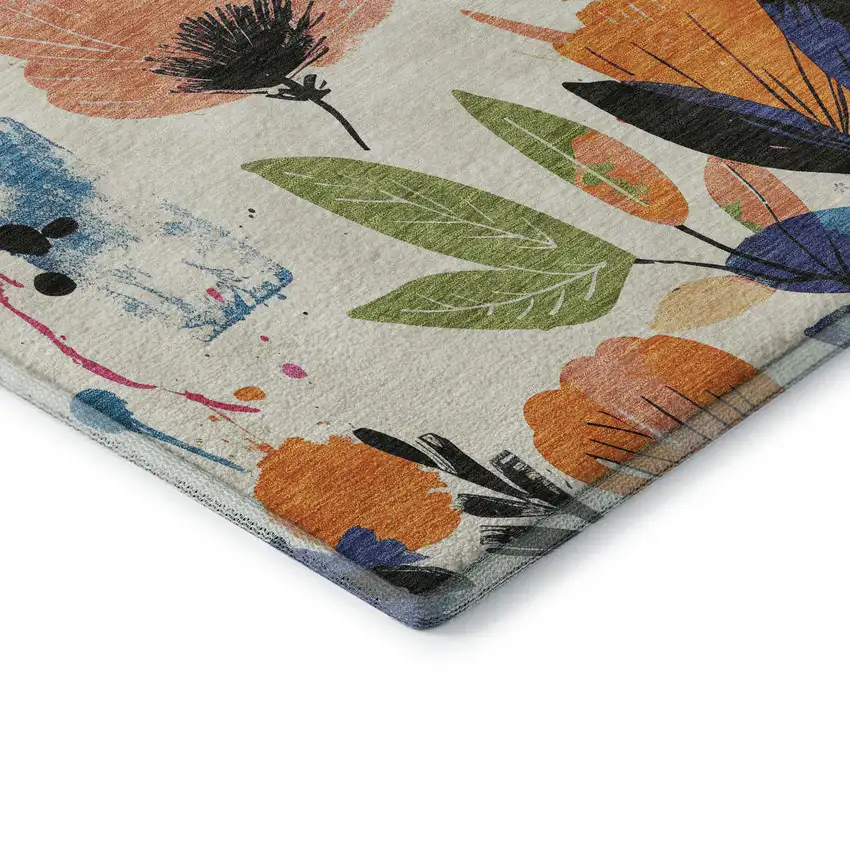 Ivory Blue Pink And Orange Floral Washable Area Rug With UV Protection Photo 7