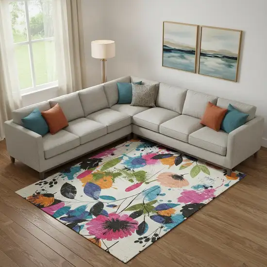 Ivory Blue Pink And Orange Floral Washable Area Rug With UV Protection Photo 2