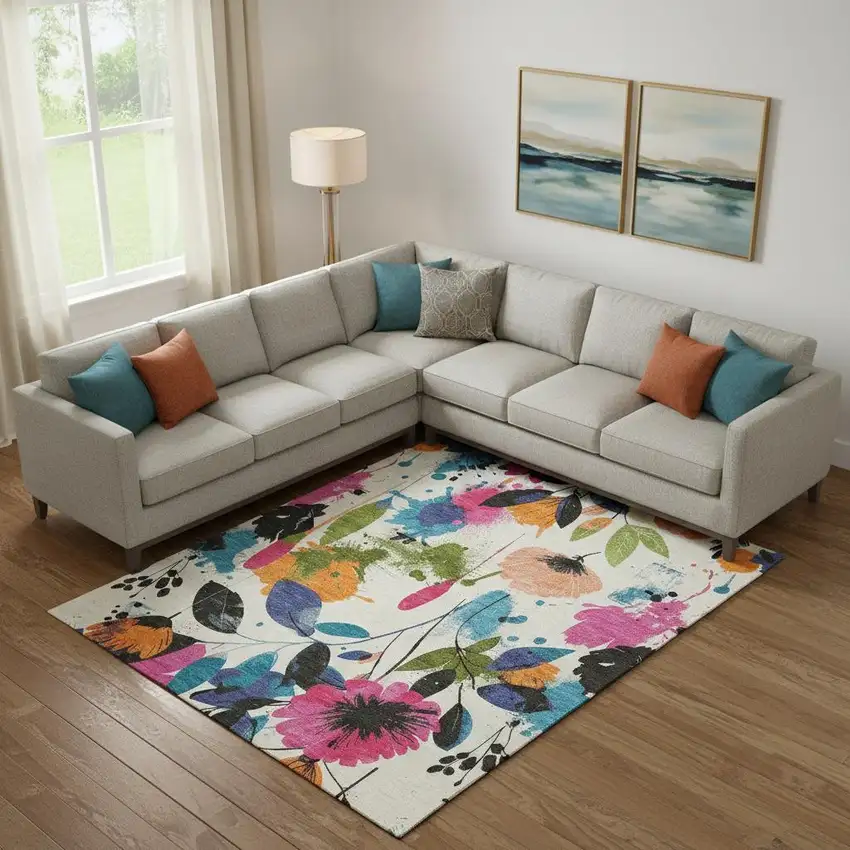 Ivory Blue Pink And Orange Floral Washable Area Rug With UV Protection Photo 2