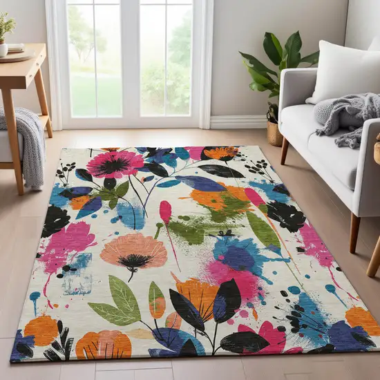 Ivory Blue Pink And Orange Floral Washable Area Rug With UV Protection Photo 5
